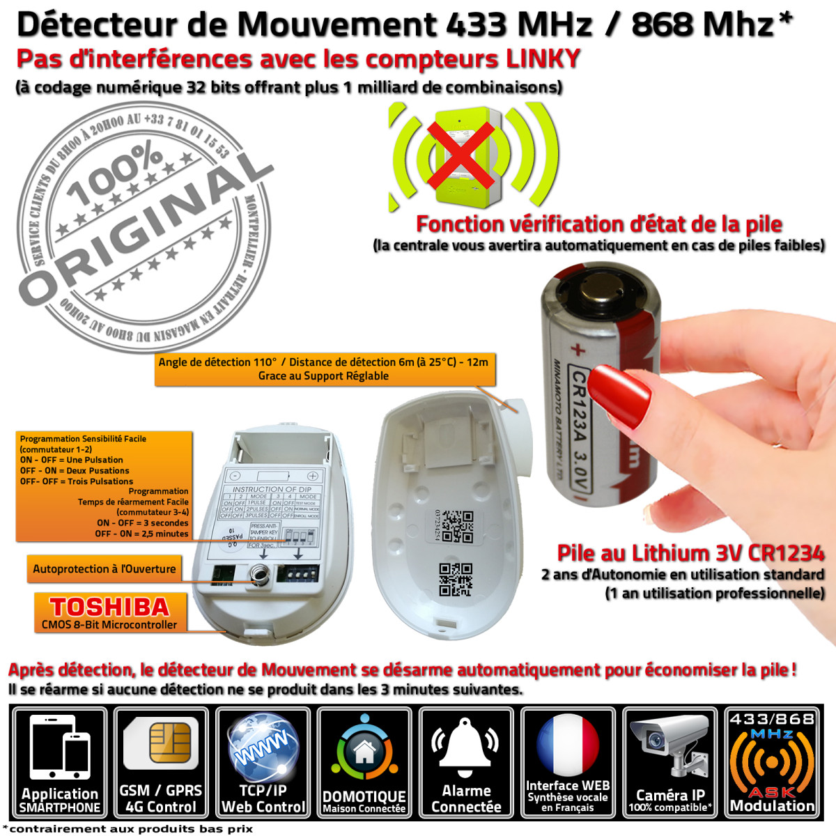 Détecteur De Mouvement Sans Fil MC-335R – Alarme Connectée ASK 433/868 MHz, Batterie Incluse