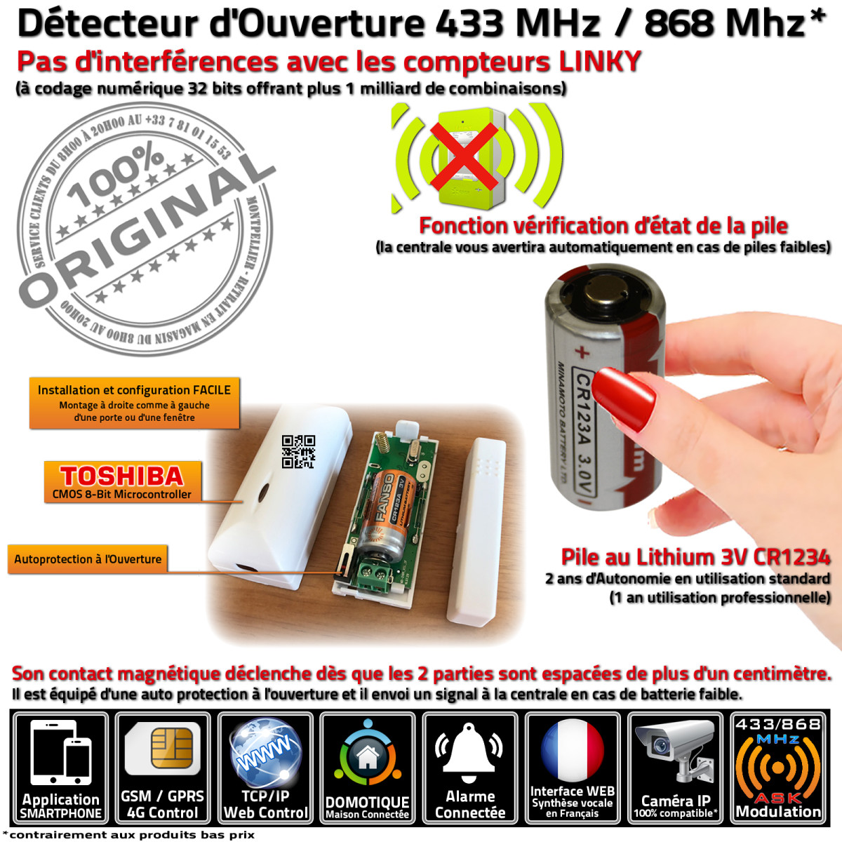 Détecteur Bris de Vitre MD-2018R Sans Fil 433MHz IP Alarme Meian Connecté