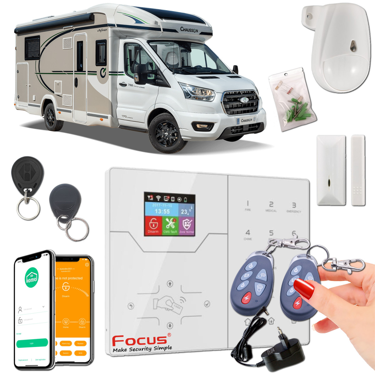 Alarme Camping-car WiFi 4G Détecteurs Sirène 130dB Télécommandes